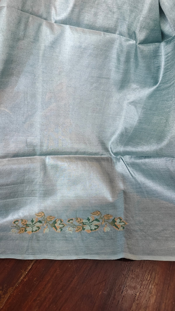 Powder Blue Tussar Silk Saree with Cross Stitch Embroidery - MCT4