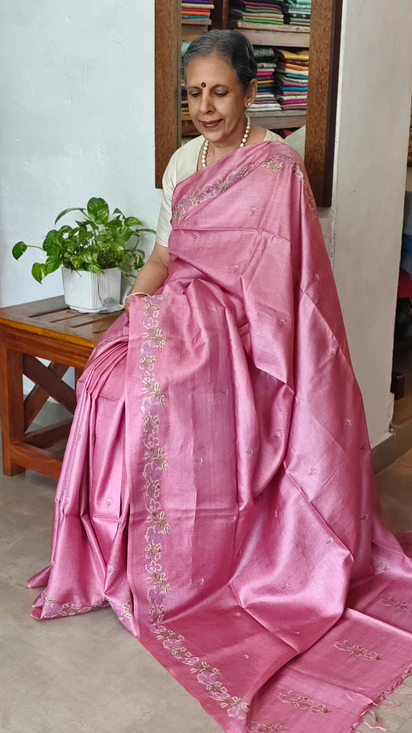 Orchid Pink Tussar Silk Saree with Cross Stitch Embroidery - MCT4
