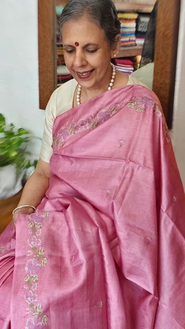 Orchid Pink Tussar Silk Saree with Cross Stitch Embroidery - MCT4