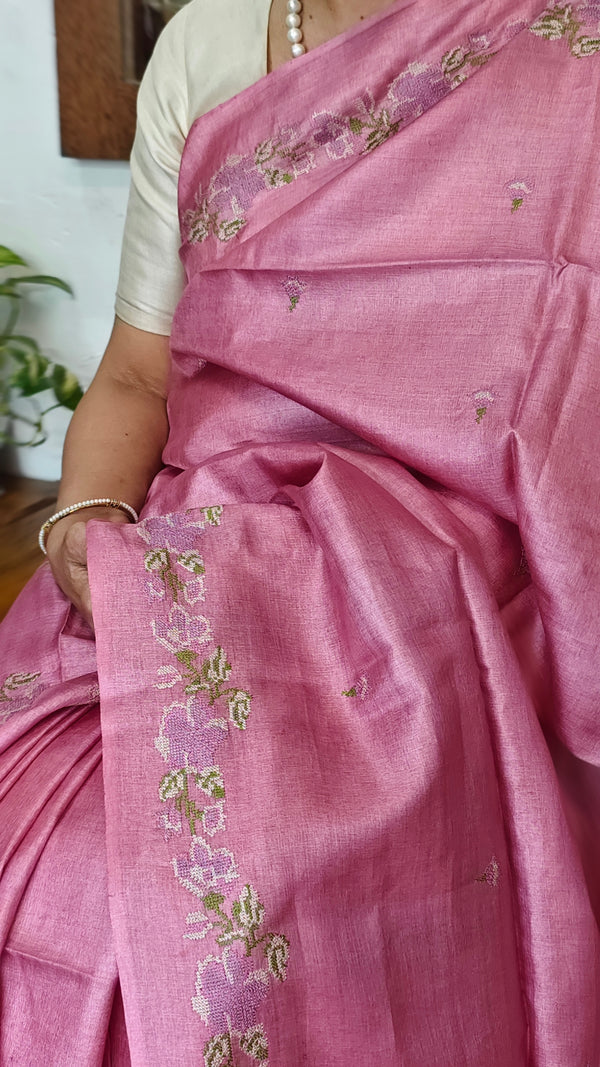 Orchid Pink Tussar Silk Saree with Cross Stitch Embroidery - MCT4