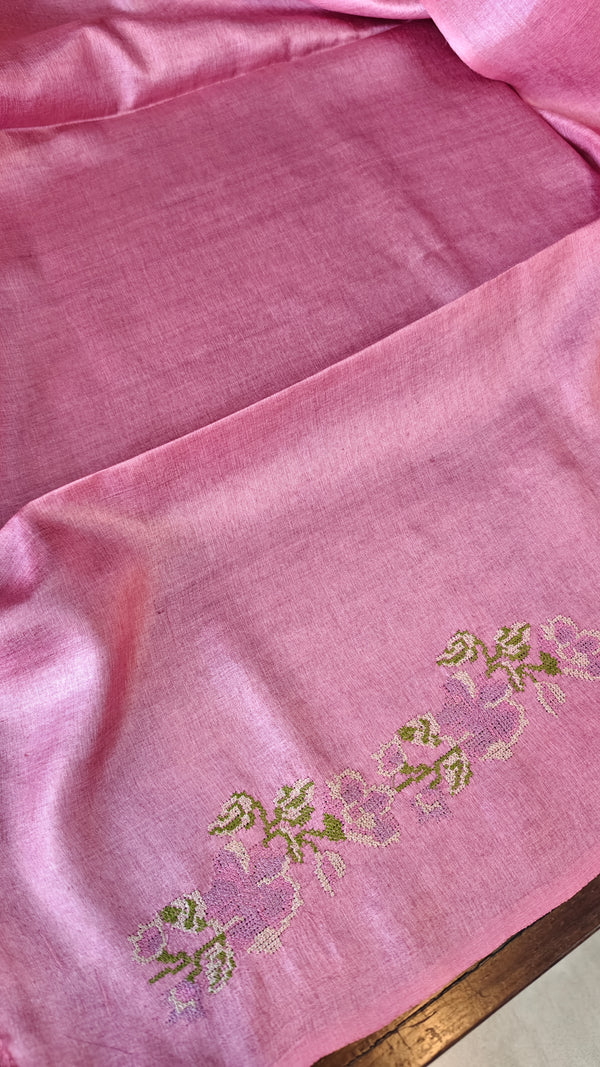 Orchid Pink Tussar Silk Saree with Cross Stitch Embroidery - MCT4
