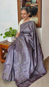 Dusty Lavender Tussar Silk Saree with Cross Stitch Embroidery - MCT4