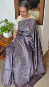 Dusty Lavender Tussar Silk Saree with Cross Stitch Embroidery - MCT4