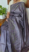 Dusty Lavender Tussar Silk Saree with Cross Stitch Embroidery - MCT4