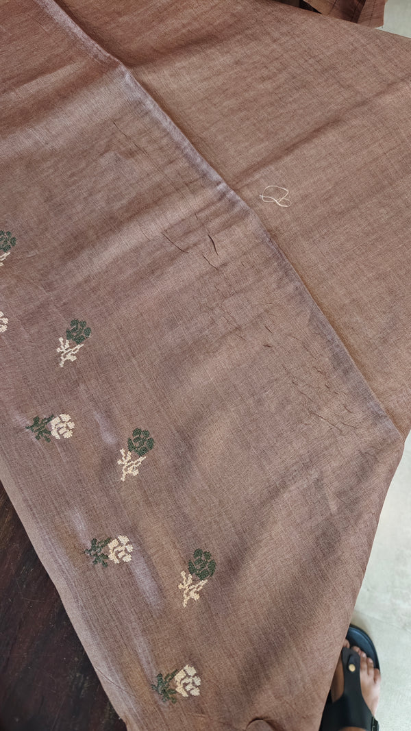 Chocolate Brown Tussar Silk Saree with Cross Stitch Embroidery - MCT4