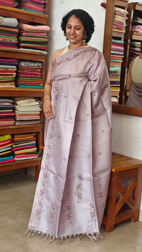 Lavender Tussar Silk Saree with Cross Stitch Embroidery - MCT4