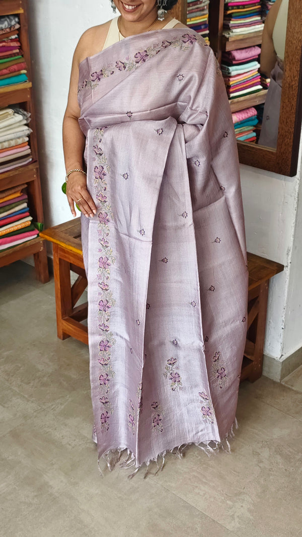 Lavender Tussar Silk Saree with Cross Stitch Embroidery - MCT4