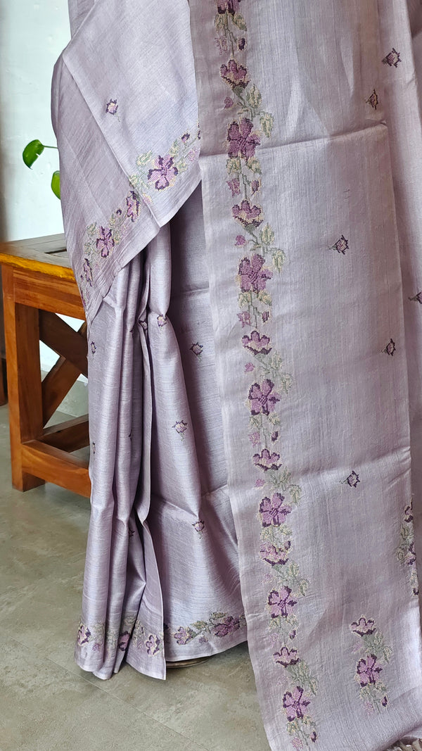 Lavender Tussar Silk Saree with Cross Stitch Embroidery - MCT4