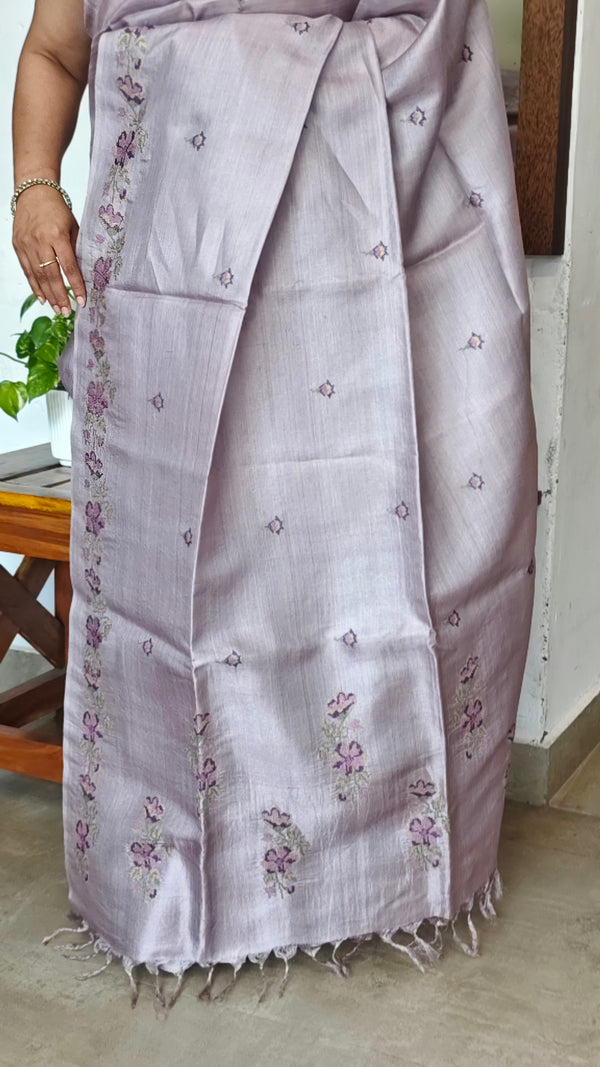 Lavender Tussar Silk Saree with Cross Stitch Embroidery - MCT4