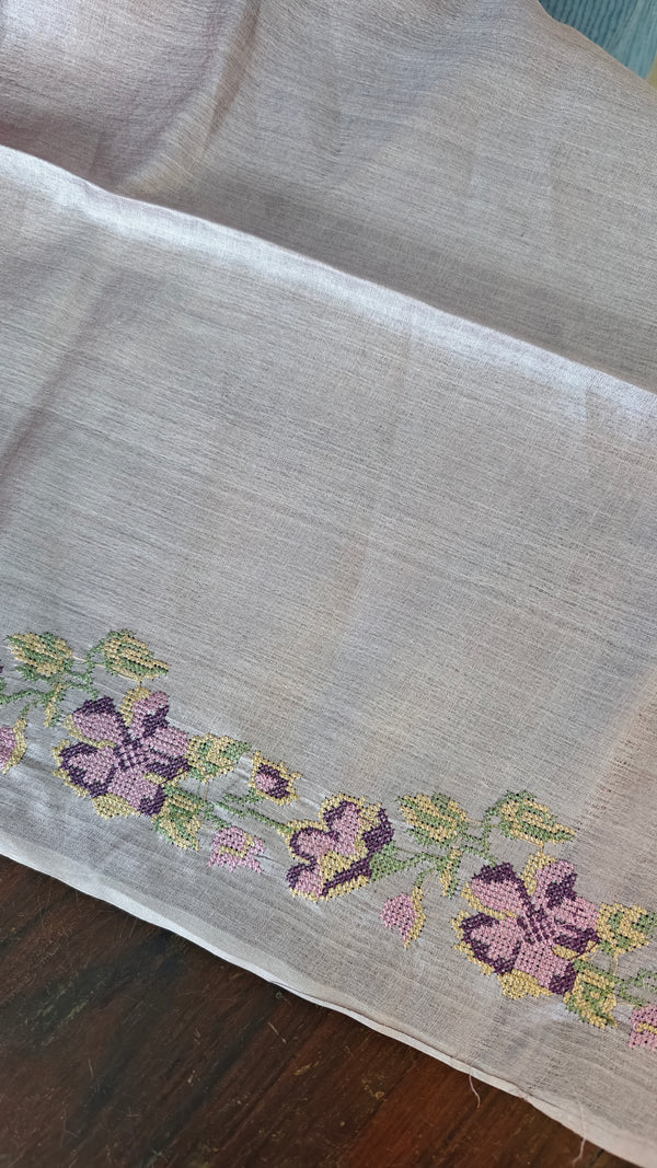 Lavender Tussar Silk Saree with Cross Stitch Embroidery - MCT4