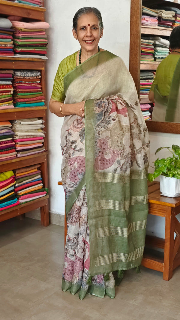 Light Beige and Moss Green Kalamkari Printed Tissue Linen Saree - 342A