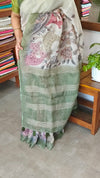 Light Beige and Moss Green Kalamkari Printed Tissue Linen Saree - 342A