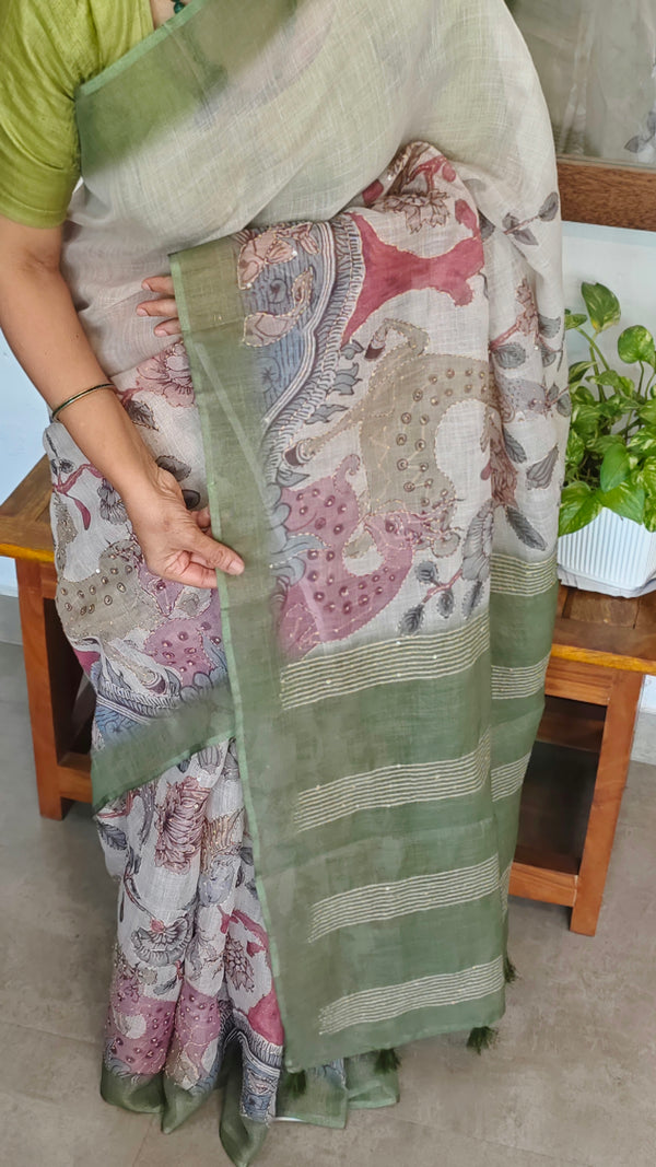 Light Beige and Moss Green Kalamkari Printed Tissue Linen Saree - 342A