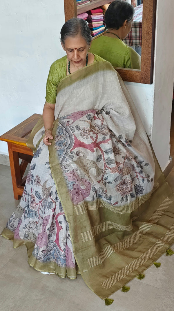 Light Beige and Fern Green Kalamkari Printed Tissue Linen Saree - 342A