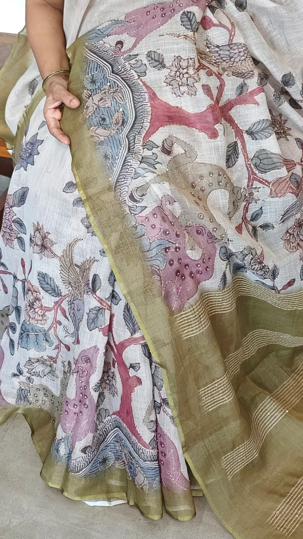 Light Beige and Fern Green Kalamkari Printed Tissue Linen Saree - 342A