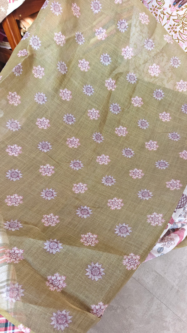 Light Beige and Fern Green Kalamkari Printed Tissue Linen Saree - 342A