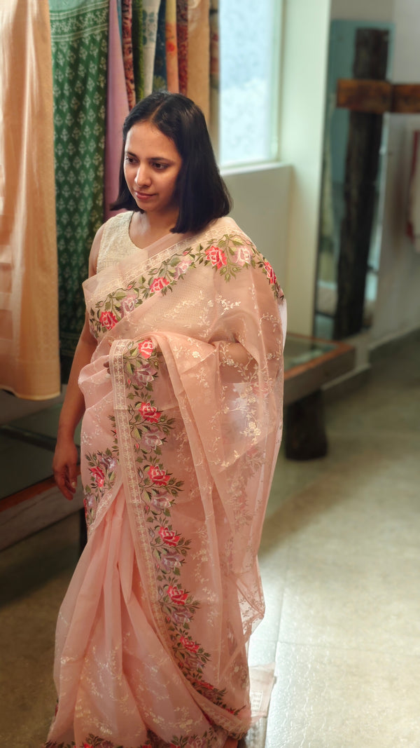Dusty Peach thread workOrganza saree