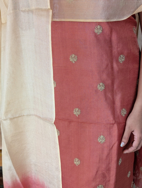 8CZ3 Rust Peach and Beige Check Tussar Silk suit