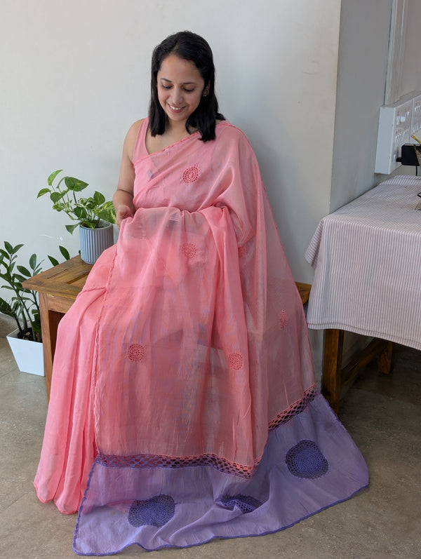 FRC9 - Pink and lavender crochet on net kota saree