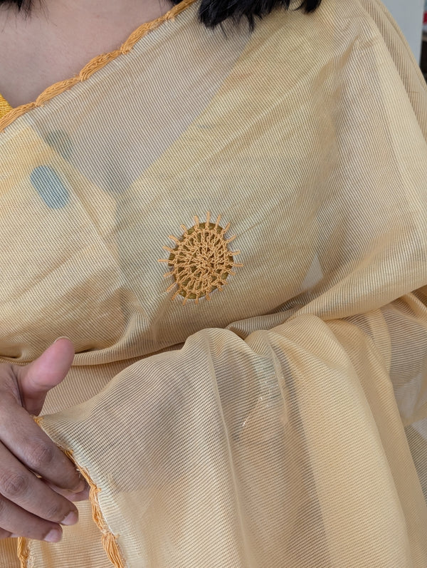 FRC9 - Yellow and pink crochet on net kota saree