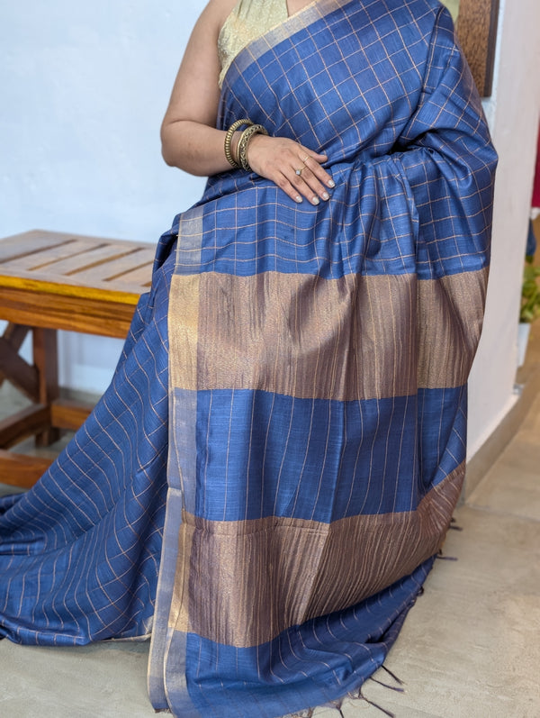 Cobalt Blue Zari Checked Semi silk saree - BPR3