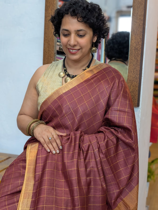 Dark Maroon Zari Checked Semi Silk Saree - BPR3