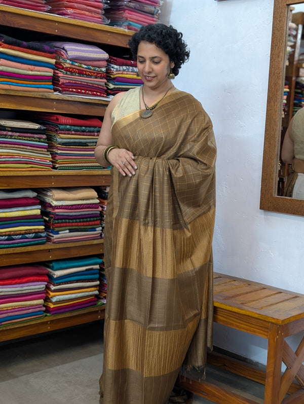 Mehandi Green Zari Checked Semi Silk Saree - BPR3