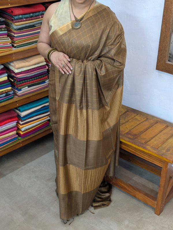 Mehandi Green Zari Checked Semi Silk Saree - BPR3