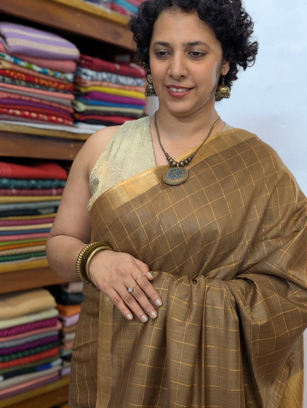 Mehandi Green Zari Checked Semi Silk Saree - BPR3