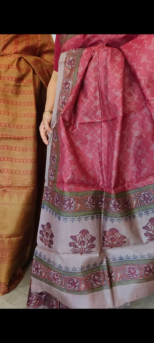 Dark Pink Block Printed Noel Tussar Silk Saree - TQN2