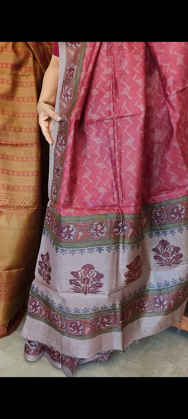 Dark Pink Block Printed Noel Tussar Silk Saree - TQN2