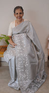 MSAP - Grey tussar silk applique embroidered saree