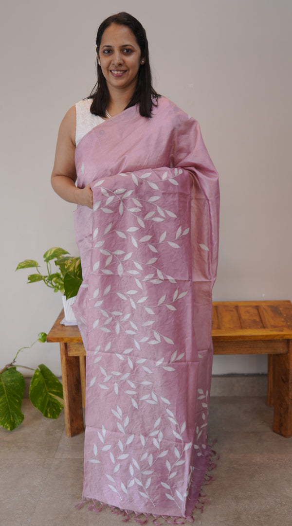 MSAP - Pink tussar silk saree with applique