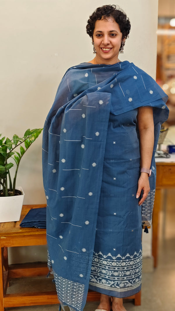 Indigo linen chanderi jamdani suit - SC54 - D4