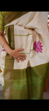 Off white and green hand painted tussar silk saree