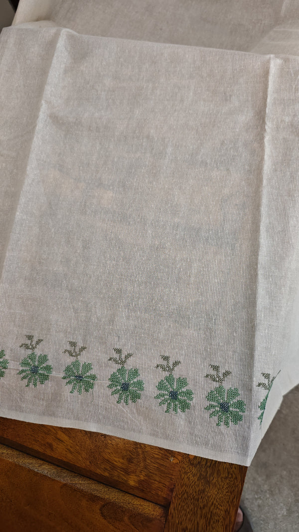 Green floral cross stitch embroidery on off white tussar silk saree - CST24