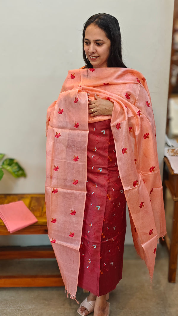 Cherry red tussar silk suit