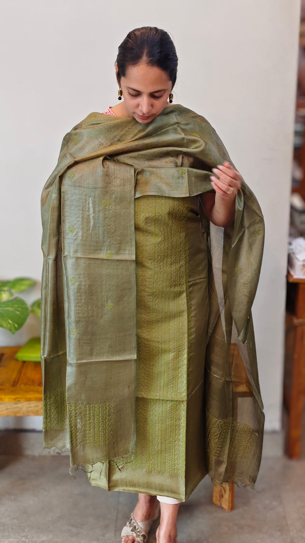 Green tussar silk suit