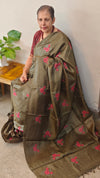 Olive green tussar silk saree