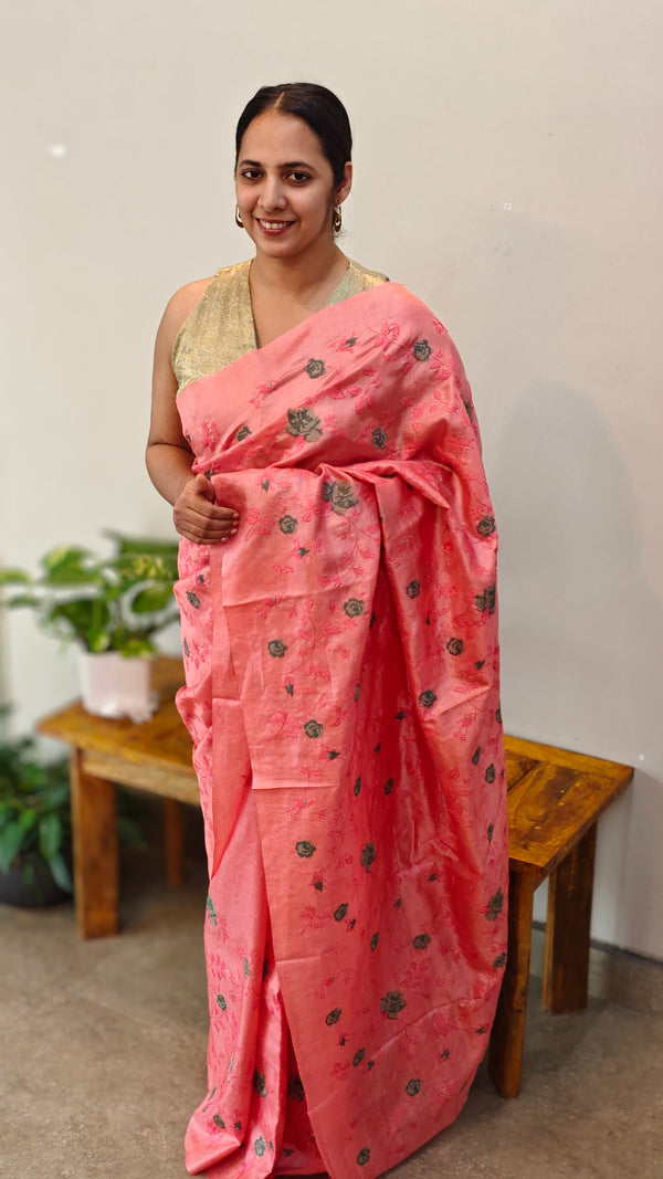 Peach tussar silk saree