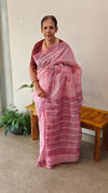 Net Kota Emroidered Block printed Pink Saree