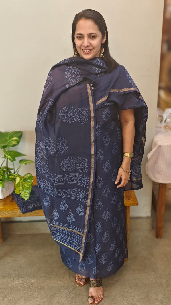 Block printed Chanderi Silkindigoblue suit set (3pcs)