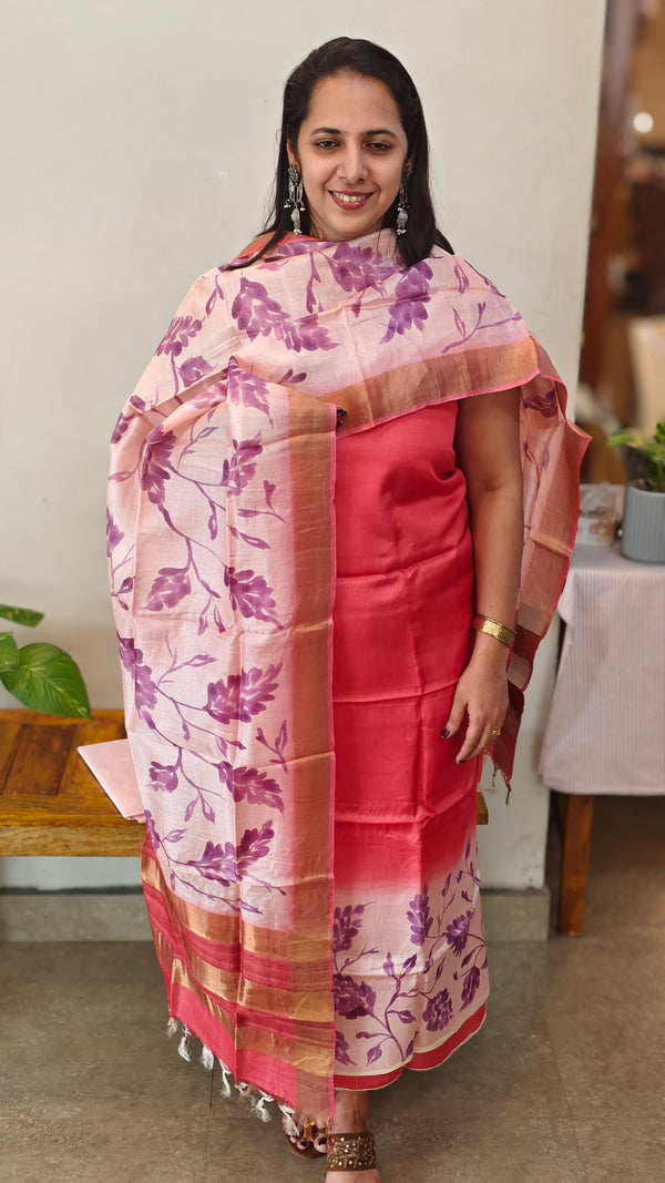 Pinkish red hand painted Tussar silk set