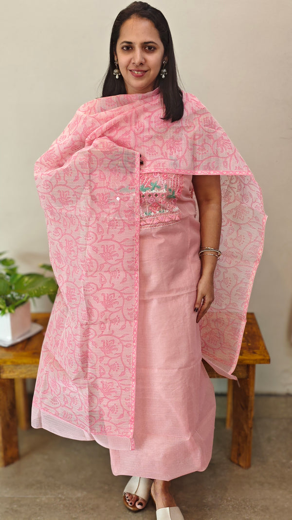Light pink Net Kota salwar with embroidery on the yoke