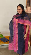 Net Kota Block printed pink blue shaded Unstitched salwar set