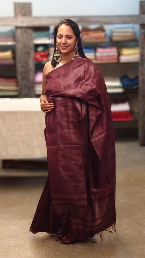 Wine shade Tussar silk Saree