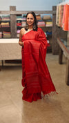 Pinkish Red Tussar silk saree with silver Zari weaving