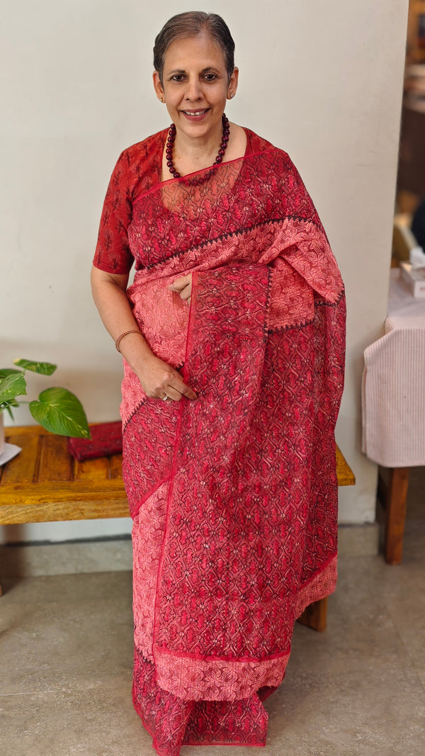 Brick red tepchi organza saree