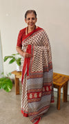 Cream and Red Printed Cotton Saree