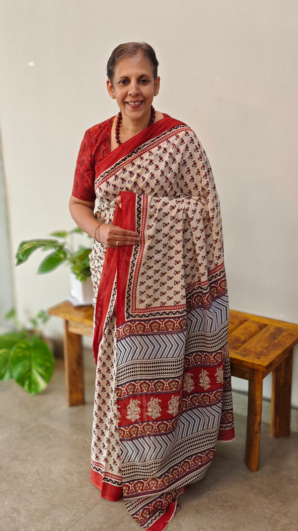 Cream and Red Printed Cotton Saree